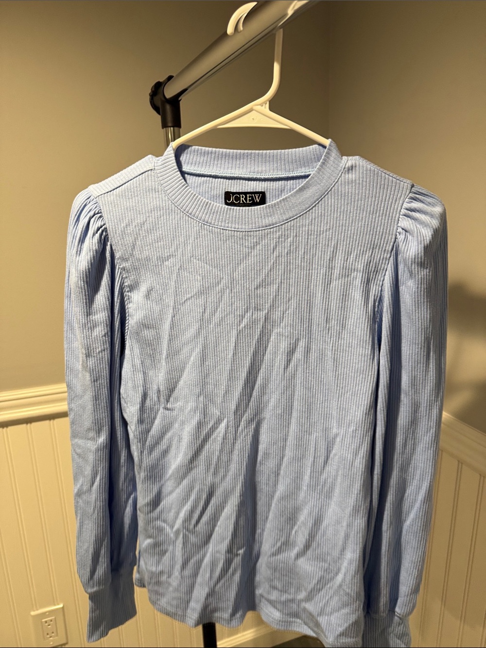 J. Crew Pale Blue Ribbed Long Sleeve Top with Subtle Puff Shoulders